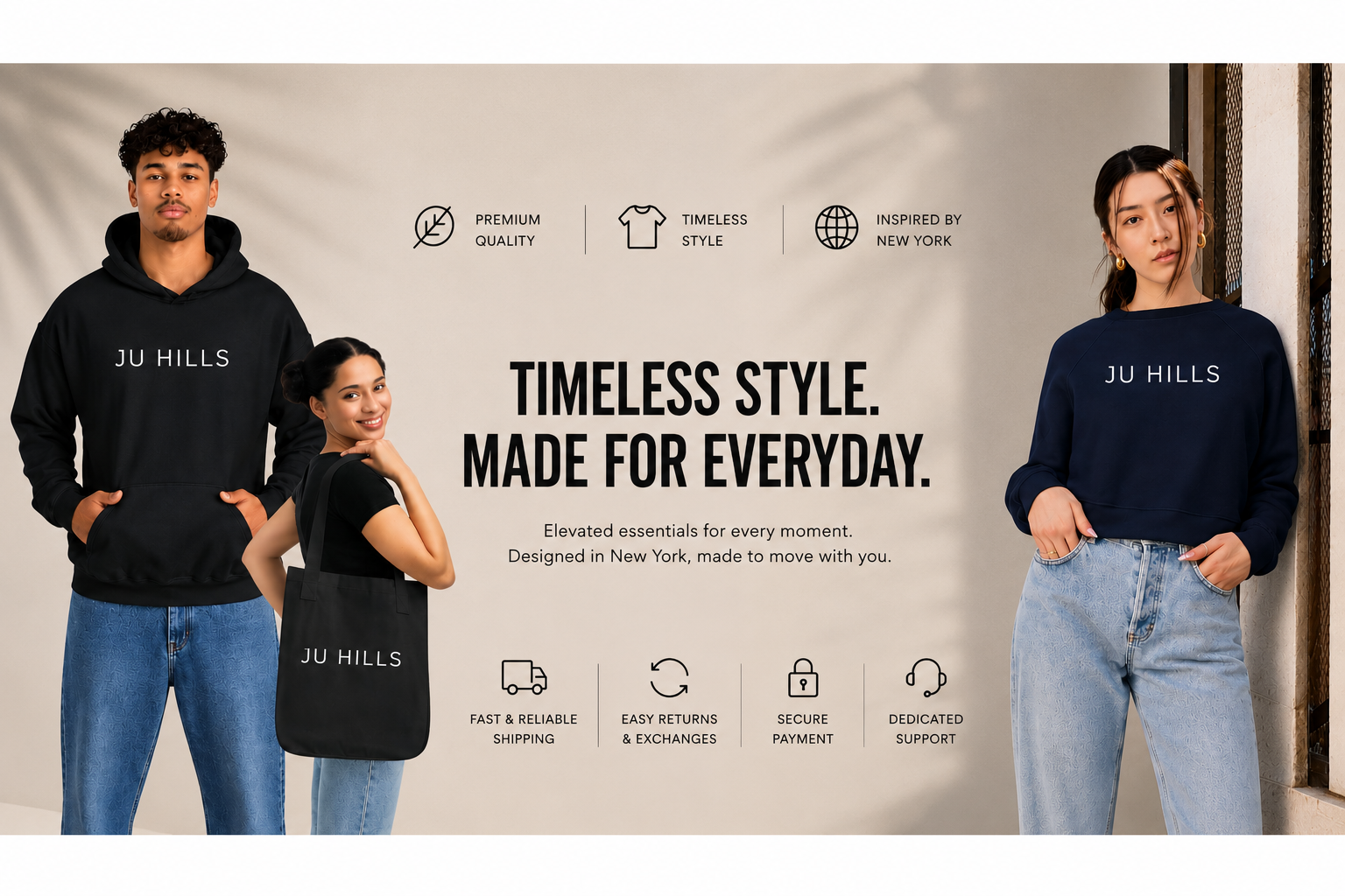 Translation missing: en.Two people wearing 'JU HILLS' clothing with brand messaging on a beige background
